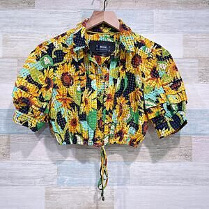 MAEVE Cropped Dandelion Top Drawstring Hem Puff Sleeve Anthropologie Womens XSP